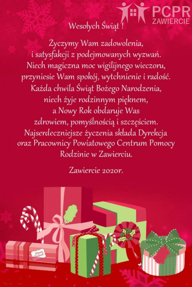 Zdjęcie: Kartka z życzeniami Bożonarodzeniowym od Dyrekcji i Pracowników Powiatowego Centrum Pomocy Rodzinie w Zawierciu